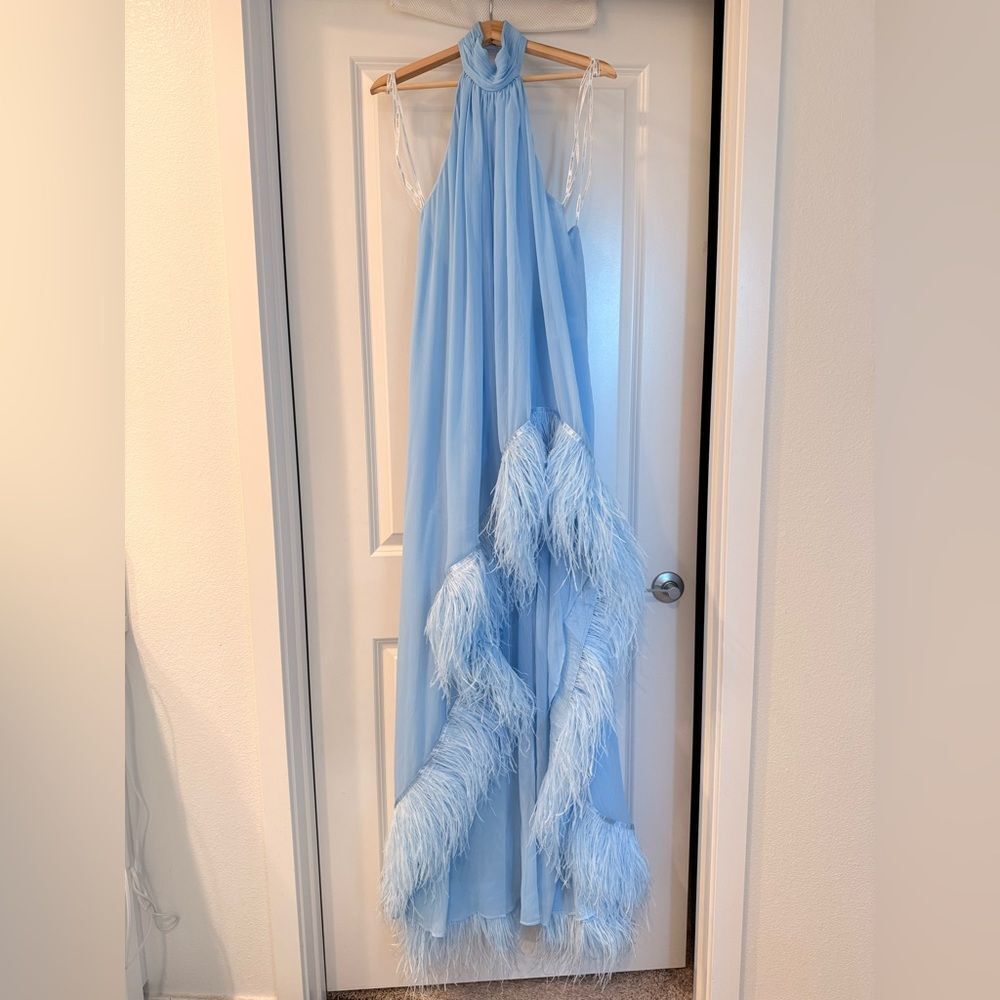 NEW BRONX AND BANCO Madeline Halterneck Gown in Powder Blue Feathered Gown - Picture 6 of 15